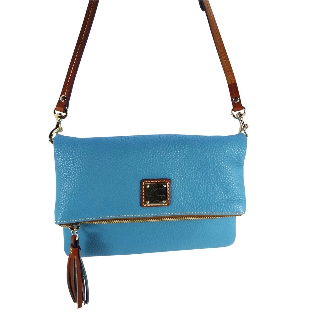 Dooney & Bourke Blue Pebbled Leather Foldover Crossbody Bag Tassel Gold Hardware
